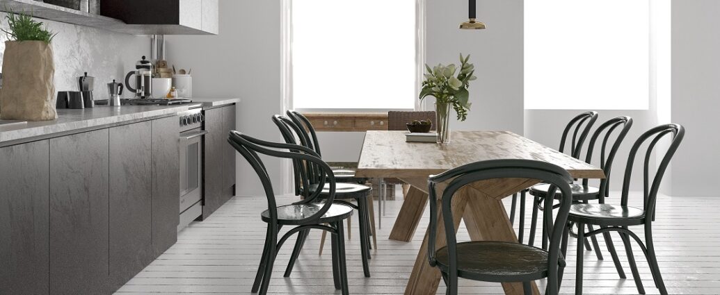 Nowoczesna jadalnia ze stołem z jasnym blatem