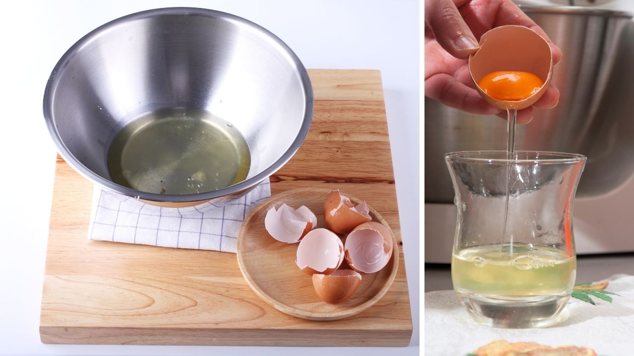 Białka jajek w metalowej misce oraz szklance