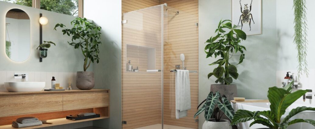 Kabina prysznicowa w łazience w stylu biophillic