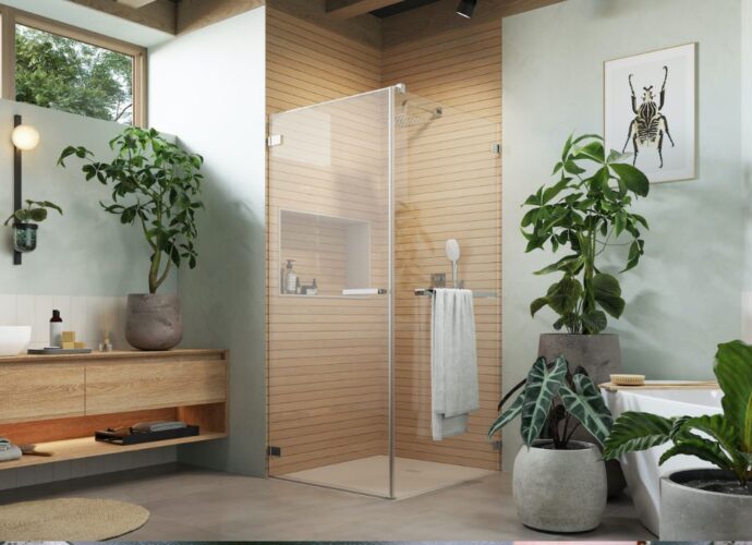 Kabina prysznicowa w łazience w stylu biophillic