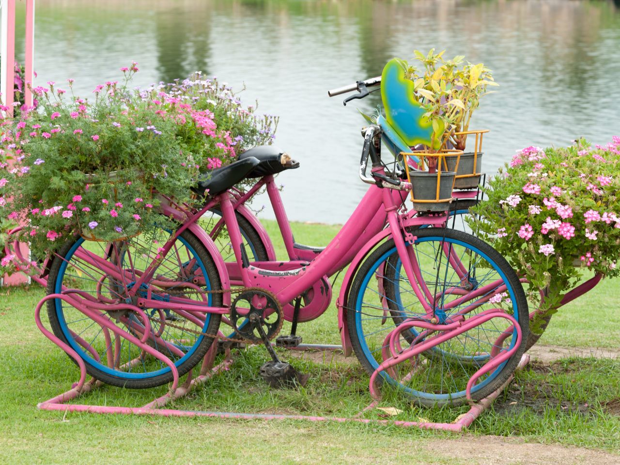 Kwietnik z różowych rowerów, wypełniony różowymi kwiatami