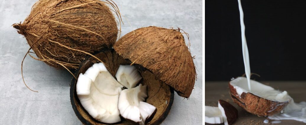 Rozłupany kokos z białym miąższem i mleczko kokosowe