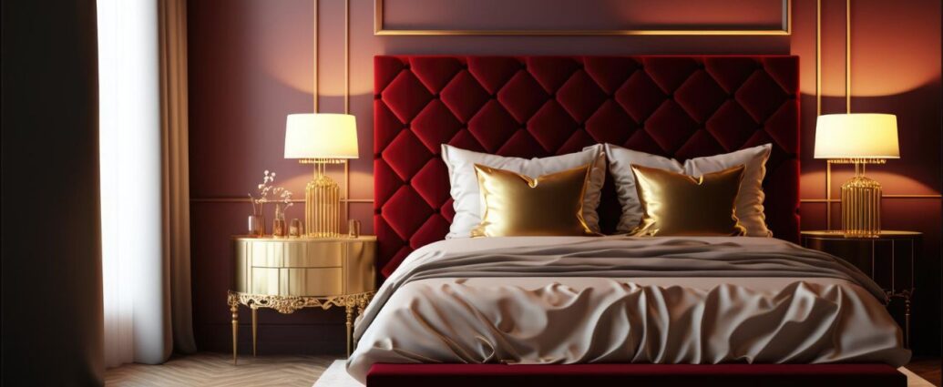 Łózko tapicerowane ze złotymi poduszkami