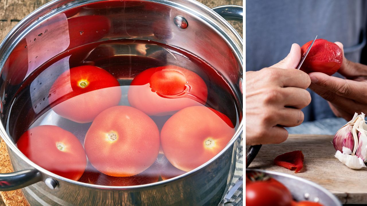 Obieranie pomidorów ze skórki. Parzenie we wrzątku i obieranie nożykiem