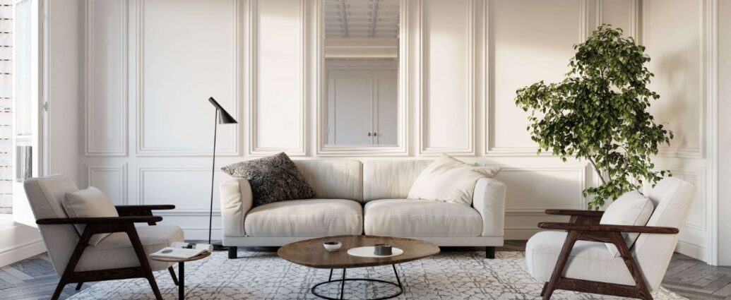 Salon w kolorze białym urządzony z wykorzystaniem listew ściennych