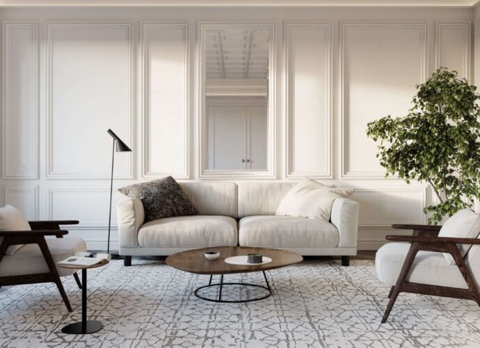 Salon w kolorze białym urządzony z wykorzystaniem listew ściennych