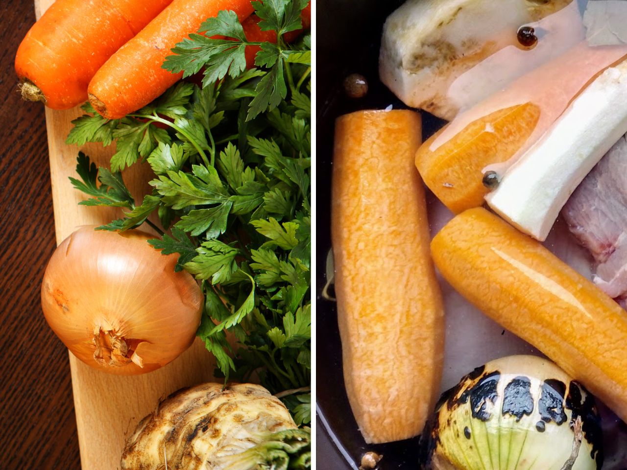 Składniki potrzebne do przygotowania rosołu - świeże warzywa, mięso i przyprawy