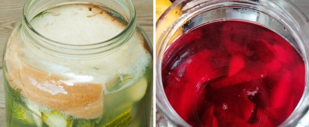 Kiszone ogórki i buraki w słojach - w wyniku kiszenia powstaje kożuch fermentacyjny