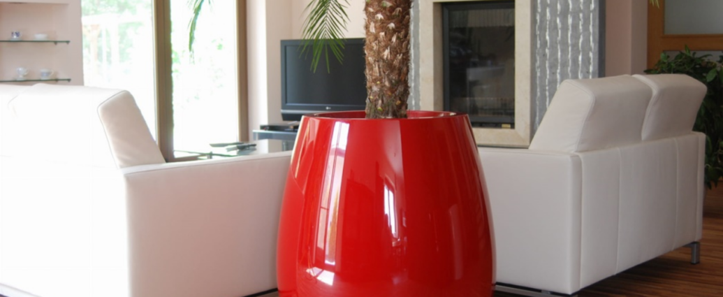 Designerska doniczka w kolorze czerwonym w salonie