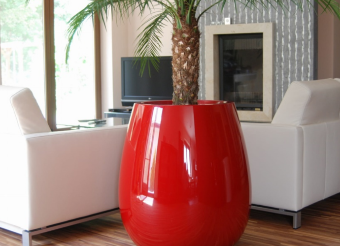 Designerska doniczka w kolorze czerwonym w salonie
