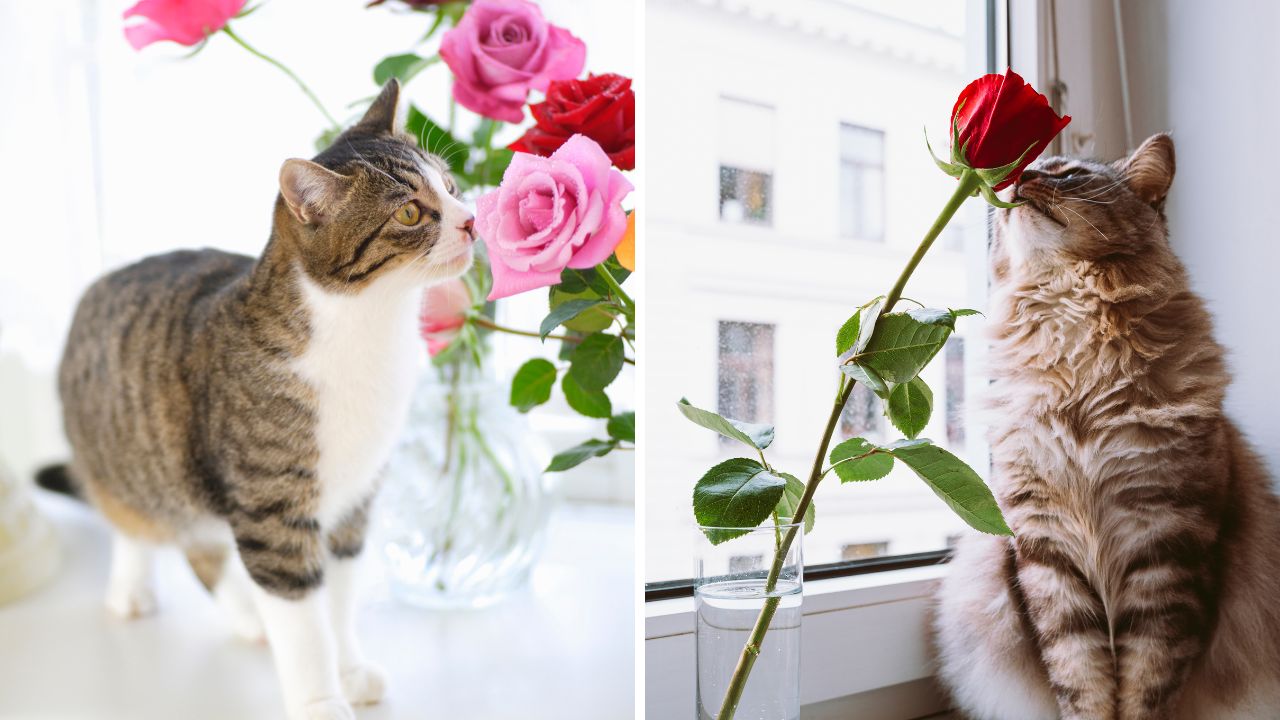 Kot i róże w wazonie