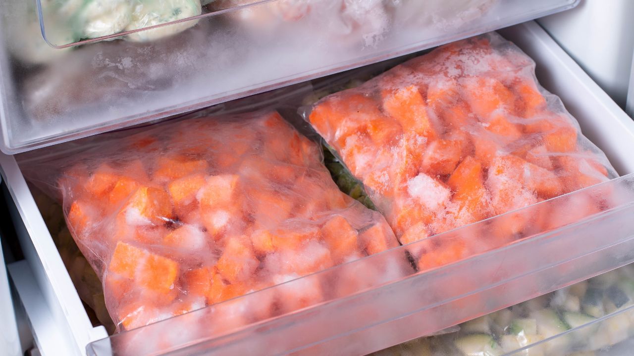 Woreczki z mrożoną dynią w zamrażalniku