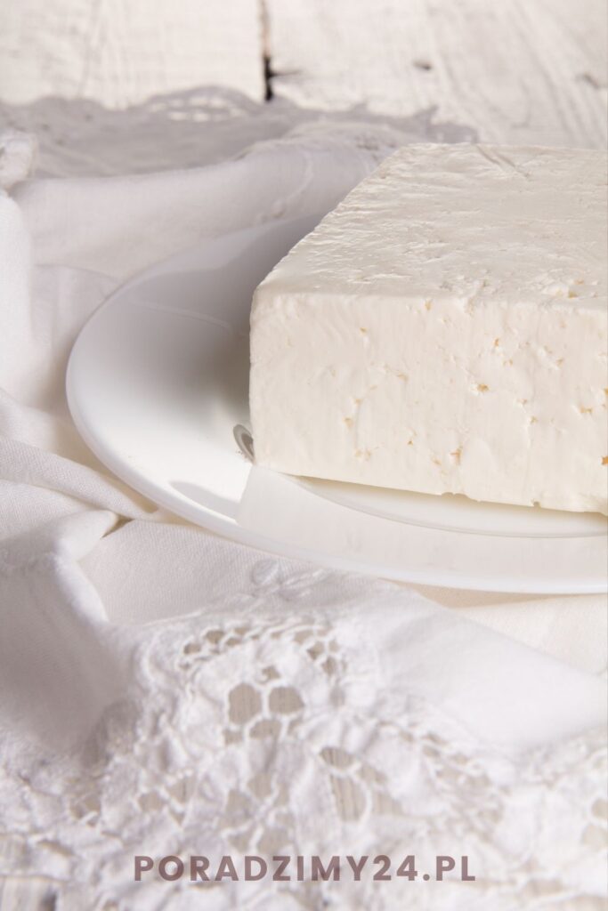 Kostka białego sera na białym talerzu i białej serwecie