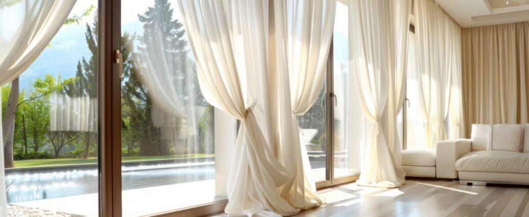 Okna balkonowe z elegancko udrapowanymi firanami