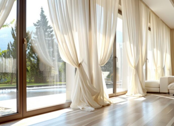 Okna balkonowe z elegancko udrapowanymi firanami