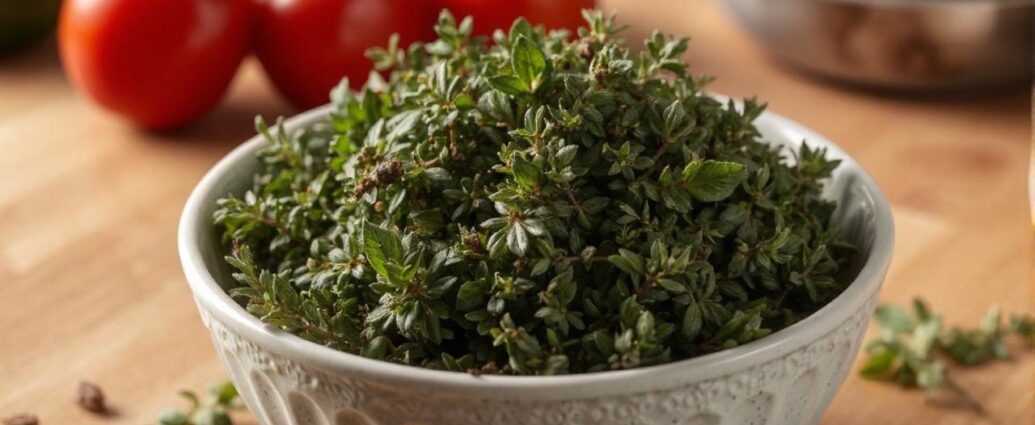 Biała miseczka wypełniona świeżym oregano