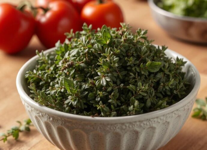 Biała miseczka wypełniona świeżym oregano