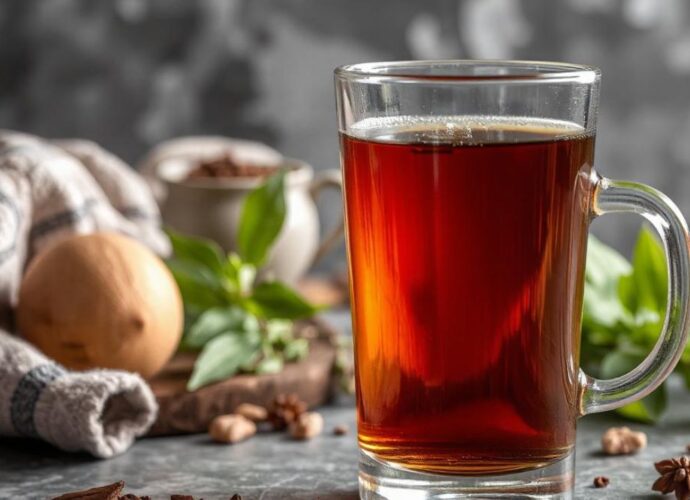 Ziołowa herbatka na trawienie, zaparzona w szklance