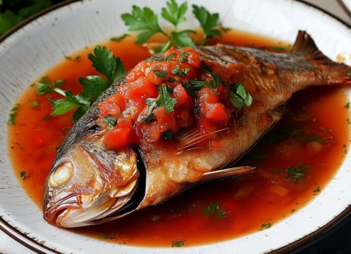 Ryba po chojnicku podana z pomidorami i świeżą natką pietruszki