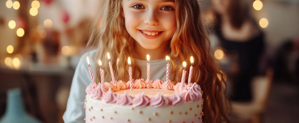 Dziewczynka trzyma urodzinowy tort z zapalonymi świeczkami