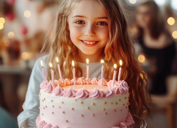 Dziewczynka trzyma urodzinowy tort z zapalonymi świeczkami