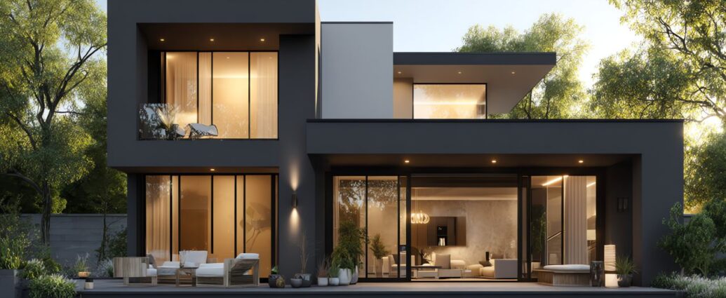 Nowoczesny dom z oświetlonym ogrodem
