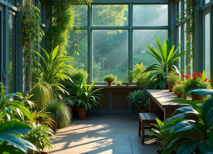 Ogrod zimowy z egzotycznymi roślinami doniczkowymi