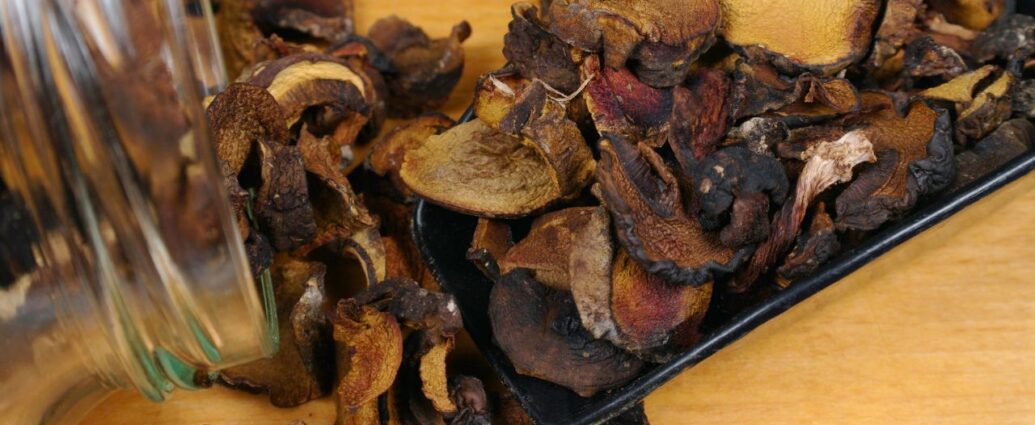 Suszone grzyby wysypane ze szklanego słoja