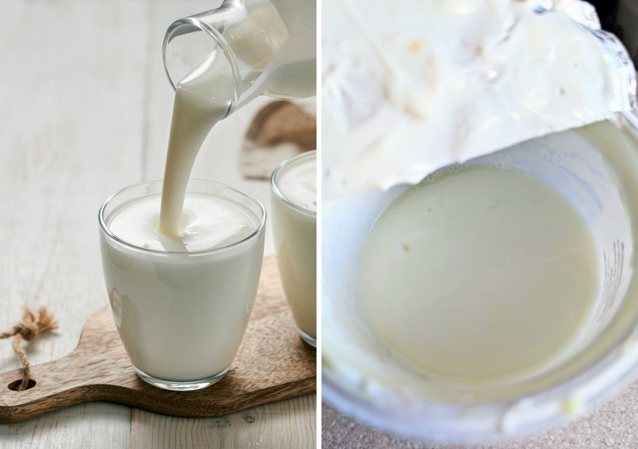 Świeży kefir nalewany do szklanki z butelki oraz zepsuty kefir w plastikowym kubku