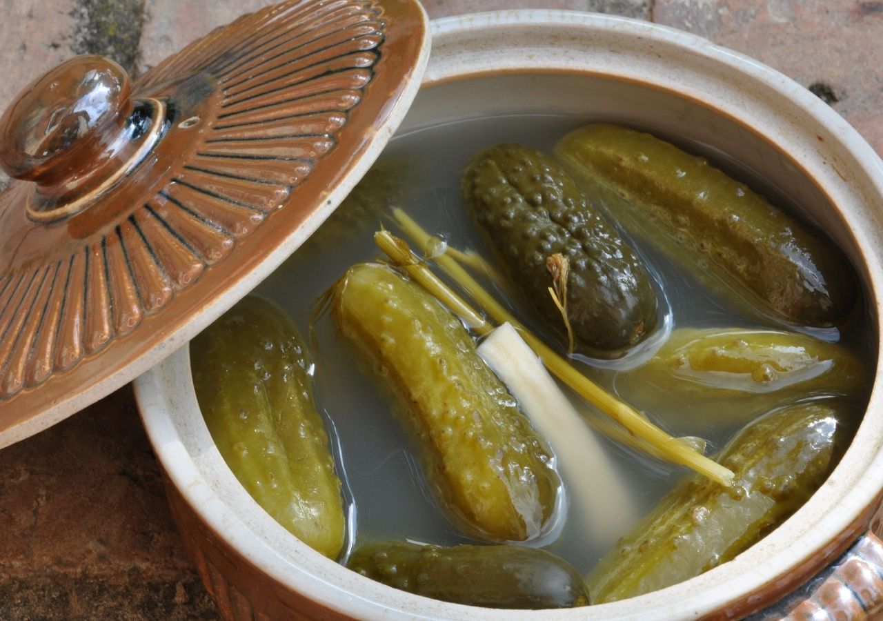 Ogórki kiszone w garnku z kamionki